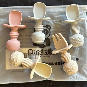 PandaEar Silicone Baby Feeding Utensils Neutral Pastel Spoons/Forks BPA-Fr-AC163